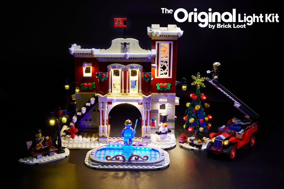  LEGO Winter Village Fire Station set , fully illuminated with the Brick Loot Custom LED Light kit! 80 beautiful LED lights light up the inside and outside of the Fire Station, Christmas tree, fire truck, and ice skating rink!