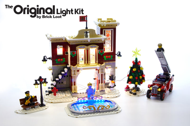  LEGO Winter Village Fire Station set , fully illuminated with the Brick Loot Custom LED Light kit! 80 brilliant LED lights light up the inside and outside of the Fire Station, Christmas tree, fire truck, and ice skating rink! Fun for play and beautiful on display day or night. 