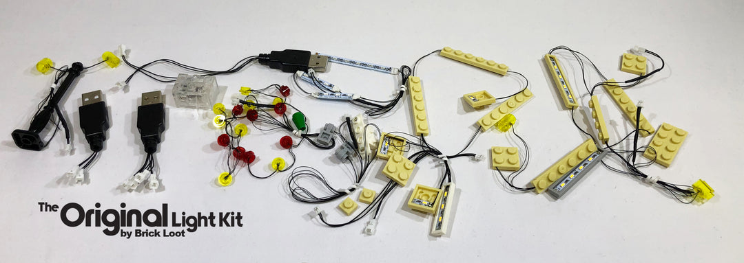 Brick Loot custom light strings for the LEGO Winter Village Fire Station set 10263. Light strings contain 80 LEDs, a black lamp post with two lights, a custom battery brick with batteries included, and 3 USBs. All lights easily connect to the USB or battery brick with mini plugs.