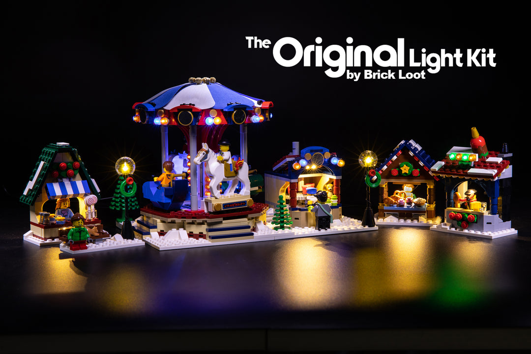 Brick Loot LED Light kit installed on the LEGO Winter Villiage Market set 10235.