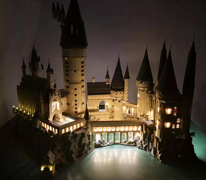 Exterior of the LEGO Harry Potter Hogwarts Castle set 71043 with the Brick Loot LED Light Kit installed.