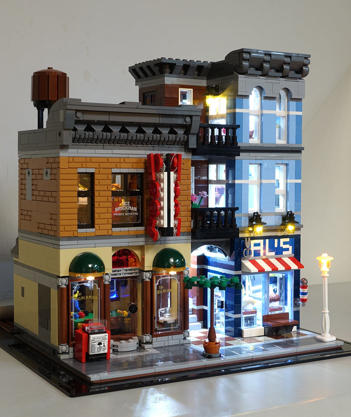 Brick Loot custom LED kit installed on the LEGO Detective's Office and Barbership set 10246. The lights are brilliant during the day or night 