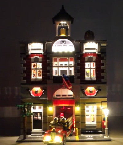 LEGO Fire Brigade set 10197, with the Brick Loot Custom LED kit installed. This set includes lights for the fire truck! Brilliant at night! 