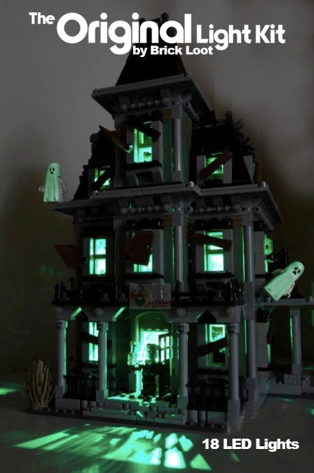 LEGO Monster Haunted House set 10228 with the Brick Loot custom lighting kit installed.